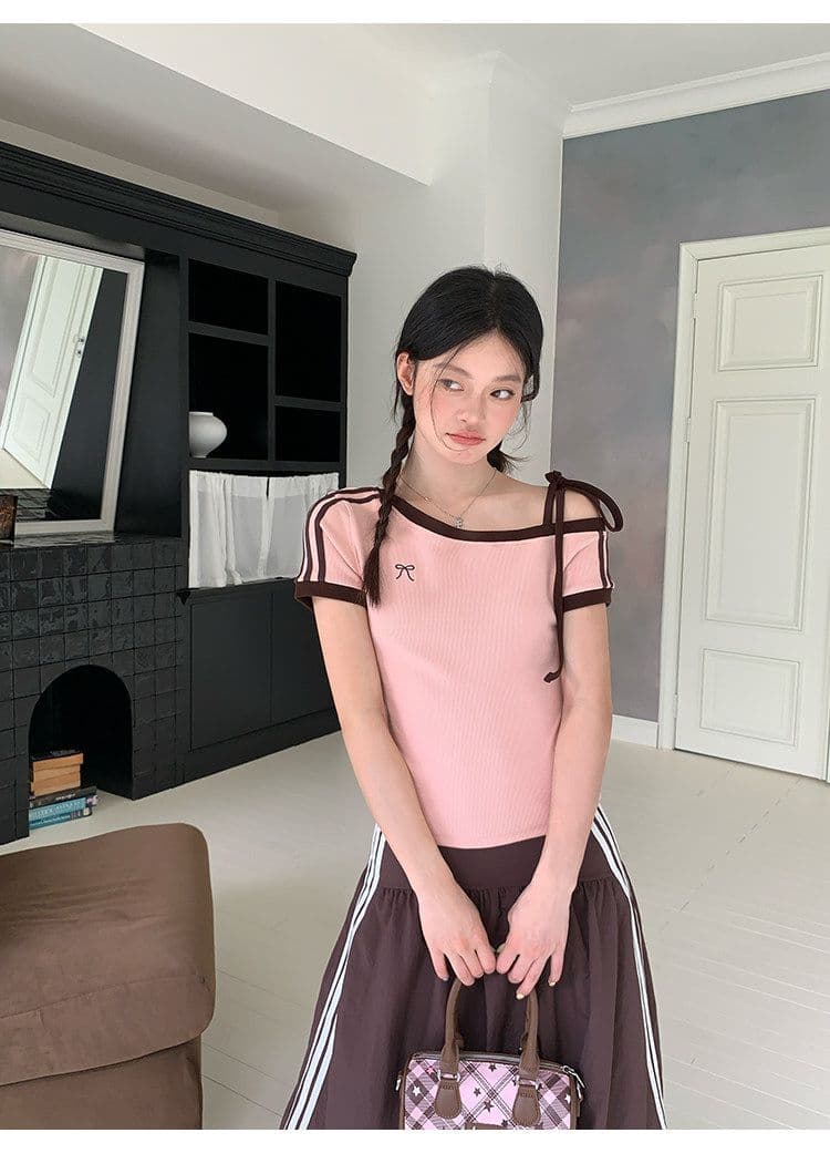 원본 것 원단 아메리칸 비스듬한 오프숄더 스트랩 스트라이프 반팔 티셔츠 여름 핫걸 긍정적 인 어깨 의류 상세 이미지 21