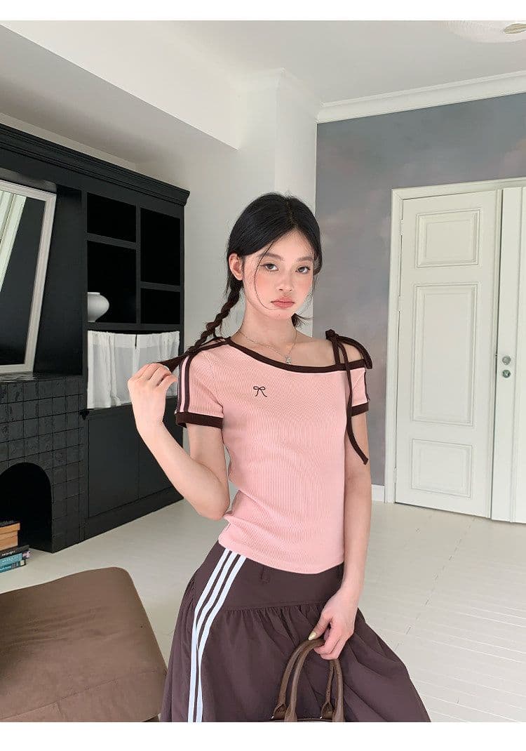 원본 것 원단 아메리칸 비스듬한 오프숄더 스트랩 스트라이프 반팔 티셔츠 여름 핫걸 긍정적 인 어깨 의류 상세 이미지 22