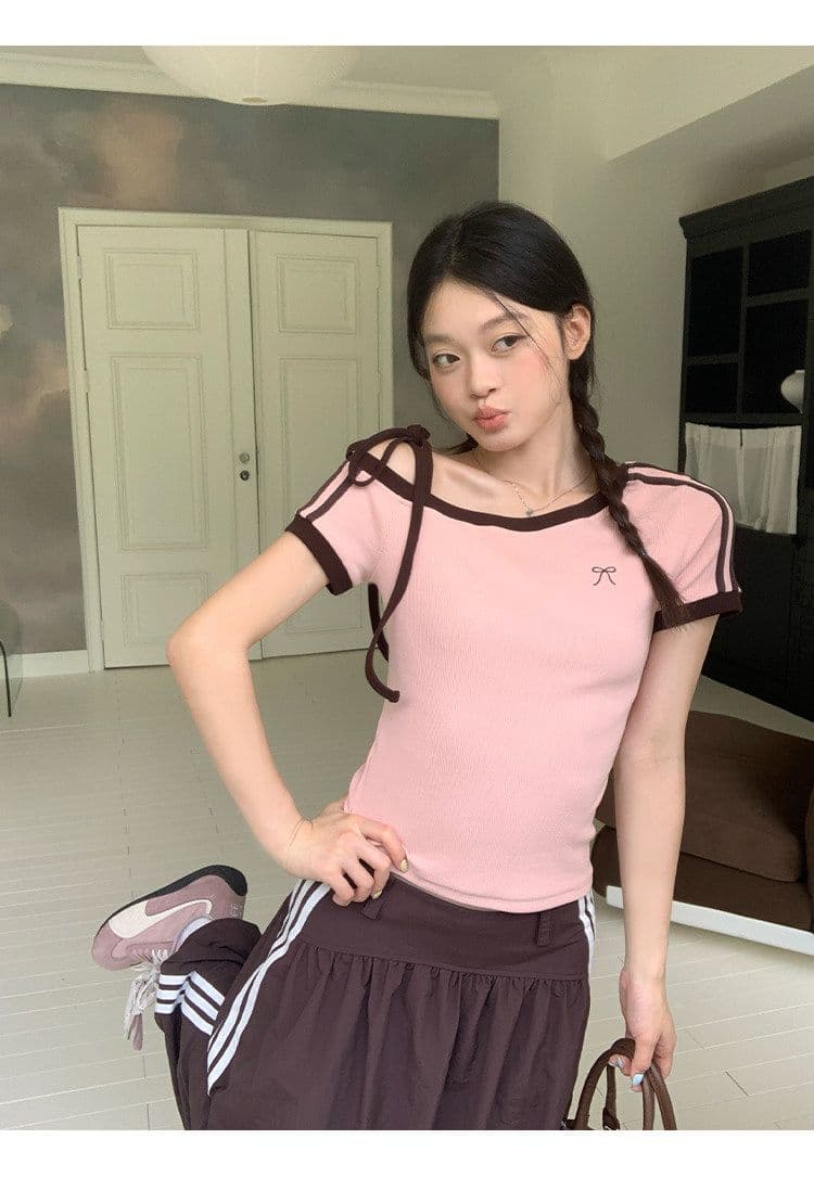 원본 것 원단 아메리칸 비스듬한 오프숄더 스트랩 스트라이프 반팔 티셔츠 여름 핫걸 긍정적 인 어깨 의류 상세 이미지 23