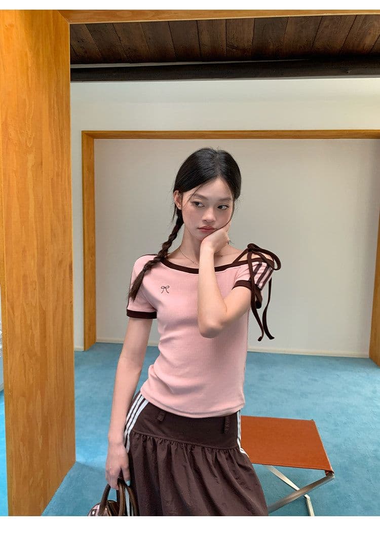 원본 것 원단 아메리칸 비스듬한 오프숄더 스트랩 스트라이프 반팔 티셔츠 여름 핫걸 긍정적 인 어깨 의류 상세 이미지 24
