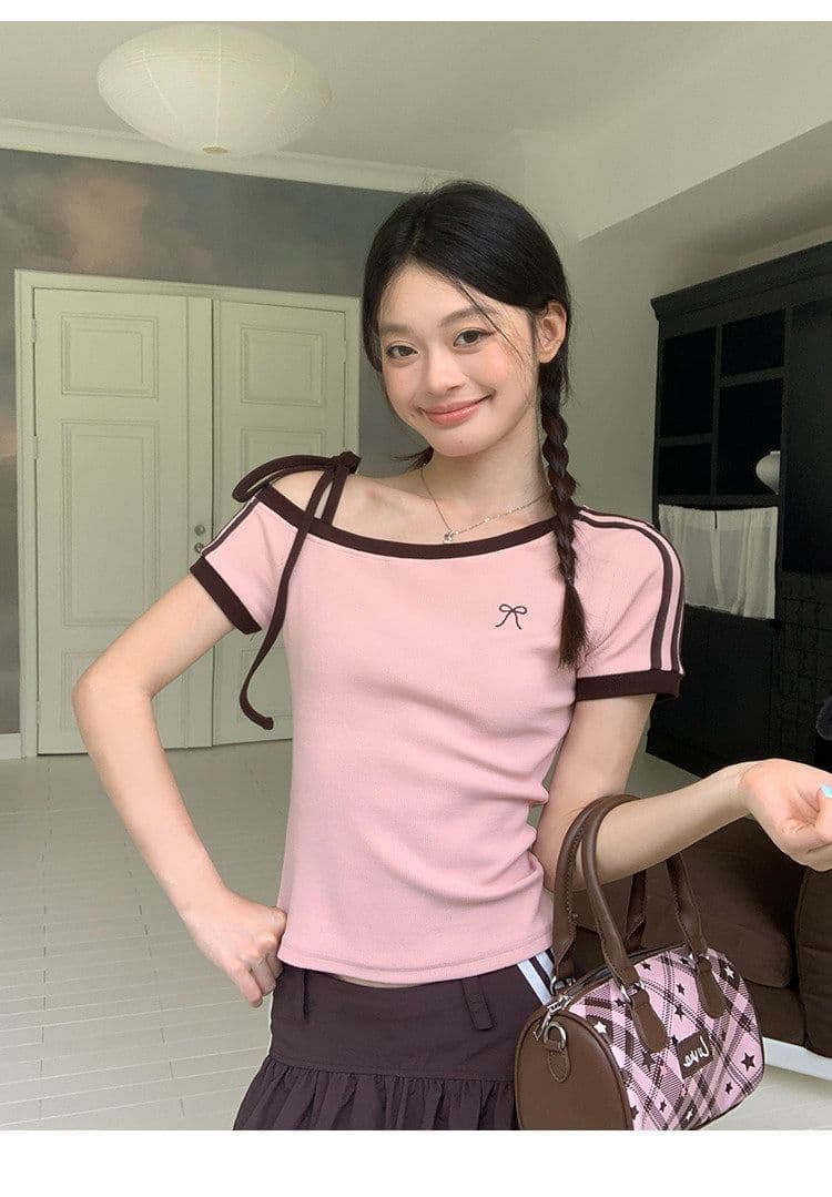 원본 것 원단 아메리칸 비스듬한 오프숄더 스트랩 스트라이프 반팔 티셔츠 여름 핫걸 긍정적 인 어깨 의류 상세 이미지 27