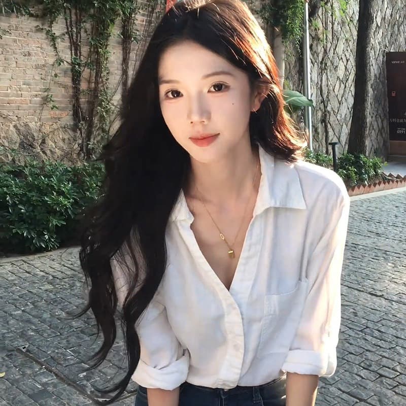 경관 그림 정가 패션 품격 여성 가을 프랑스식 캐주얼 화이트 POLO 칼라 긴팔 셔츠 슬림해 보이는 이미지 5