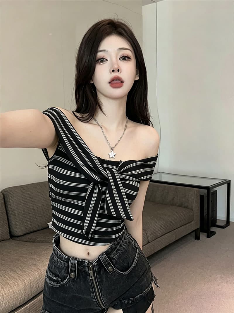 원본 것 순수한 코튼 기사 기타 착용 비틀림 오프숄더 스트라이프 몸매 가꾸기 민소매 조끼 맨위 상세 이미지 18