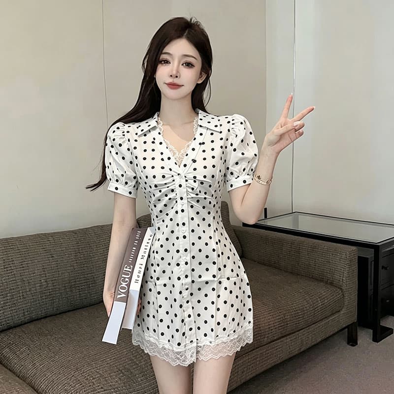 품격 레이스 조각 허리 수축 슬림해 보이는 치마 고급 센스 외국 가스 버블 반팔 작은 대중 드레스 여자 이미지 5