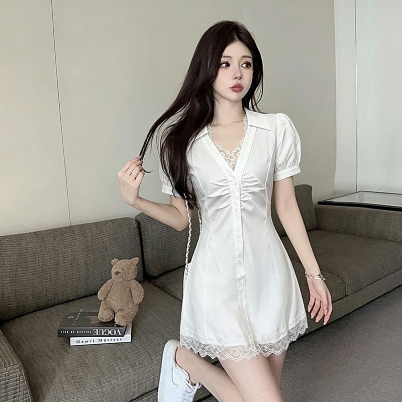품격 레이스 조각 허리 수축 슬림해 보이는 치마 고급 센스 외국 가스 버블 반팔 작은 대중 드레스 여자 이미지 2