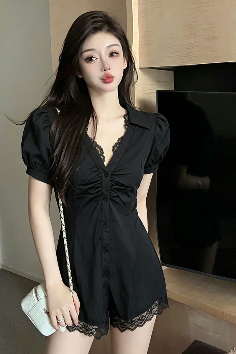 품격 레이스 조각 허리 수축 슬림해 보이는 치마 고급 센스 외국 가스 버블 반팔 작은 대중 드레스 여자 상세 이미지 6