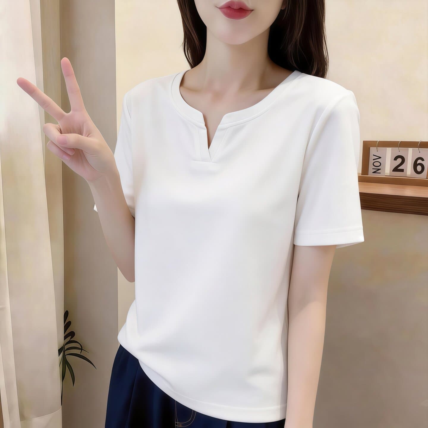 유럽 상품 순면 화이트 V넥 반팔 티셔츠 여성 2026 새로운 여름 몸매 가꾸기 슬림해 보이는 외국 가스 연령 감소 슈퍼 화재로 의류 이미지 2