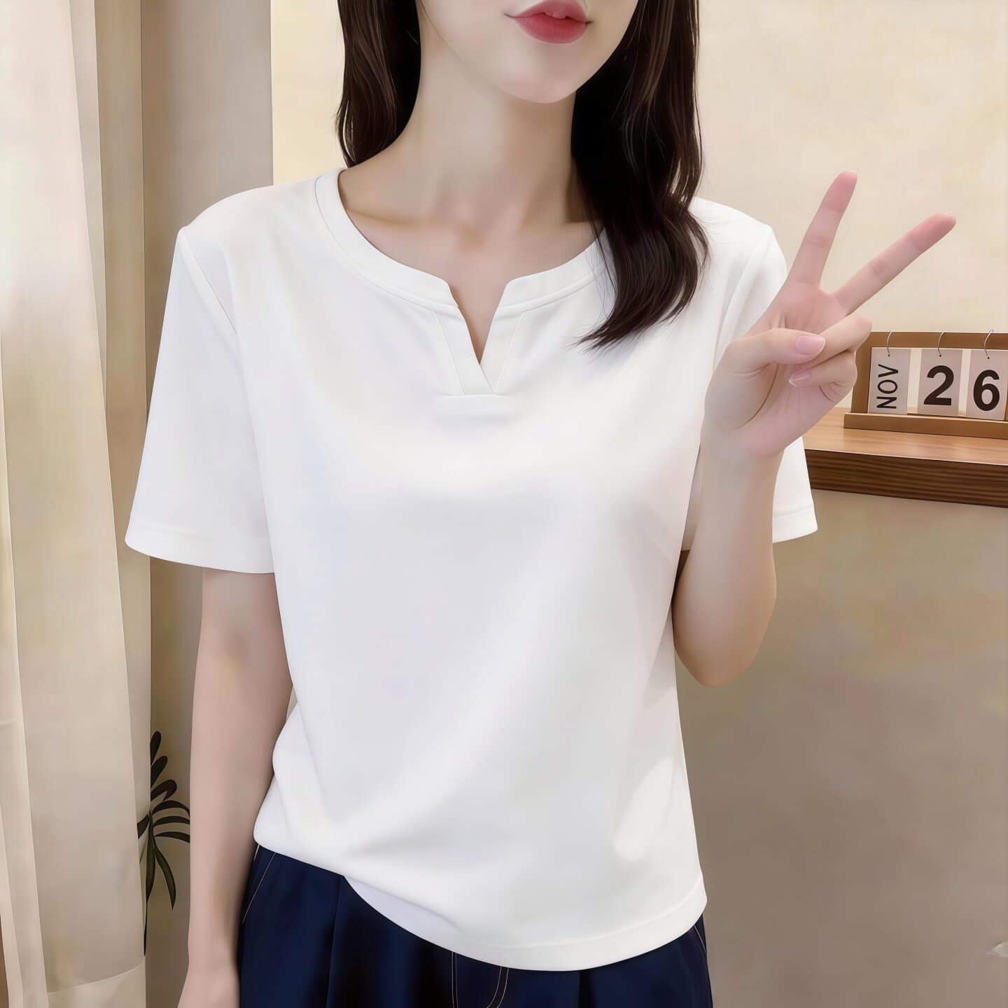 유럽 상품 순면 화이트 V넥 반팔 티셔츠 여성 2026 새로운 여름 몸매 가꾸기 슬림해 보이는 외국 가스 연령 감소 슈퍼 화재로 의류 상세 이미지 4