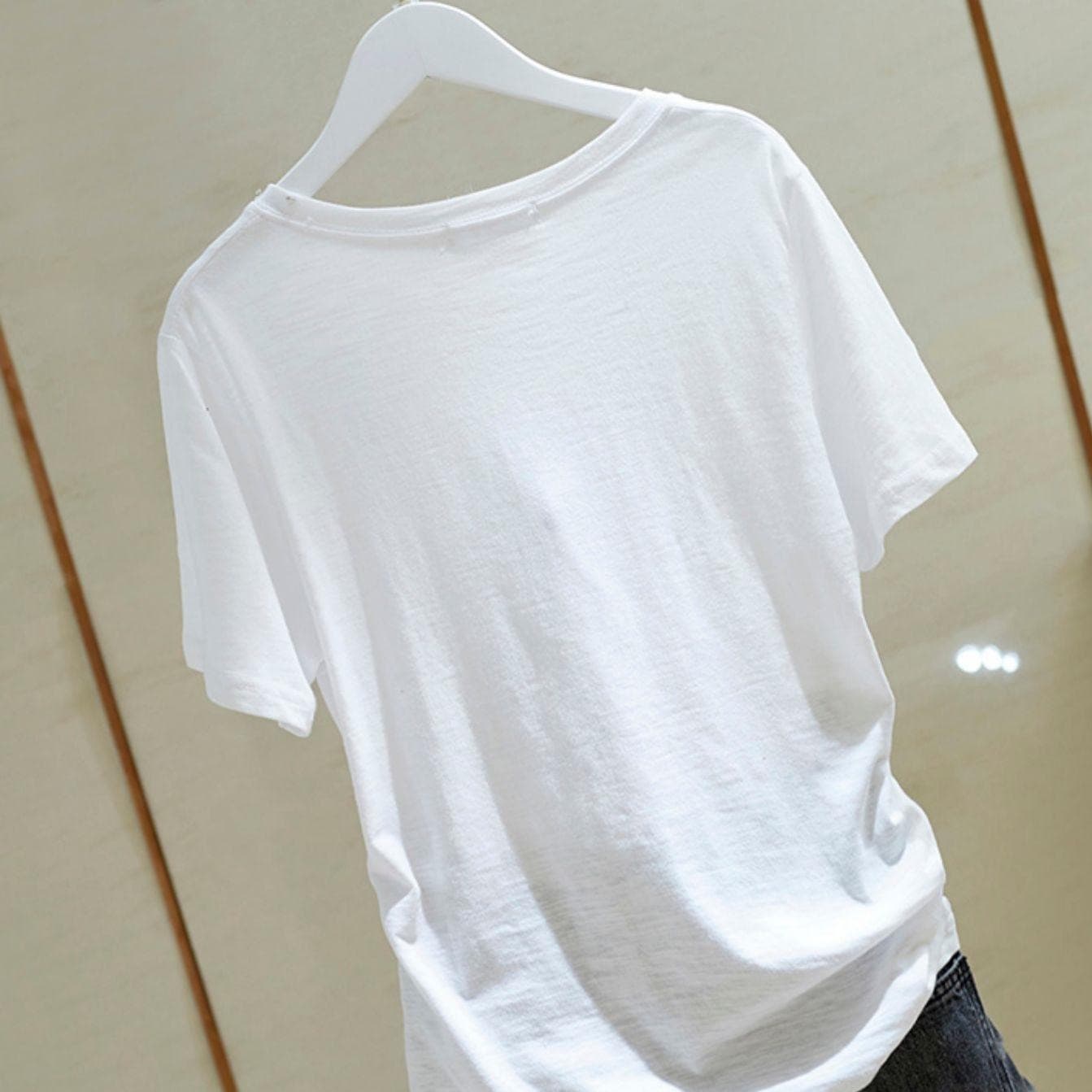 대나무 마디 면 루즈핏 단추 작은 V넥 반팔 티셔츠 여성 여름 새로운 순면 튀김 거리 슬림해 보이는 여성 의류 맨위 트렌디 상세 이미지 9