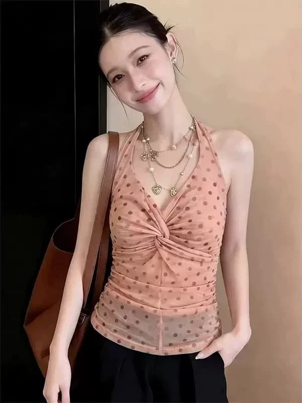 프랑스식 달콤한 스타일 도트 무늬 V넥 비틀림 캐미솔 여름 몸매 가꾸기 슬림해 보이는 고유 한 Chic 민소매 맨위 이미지 4