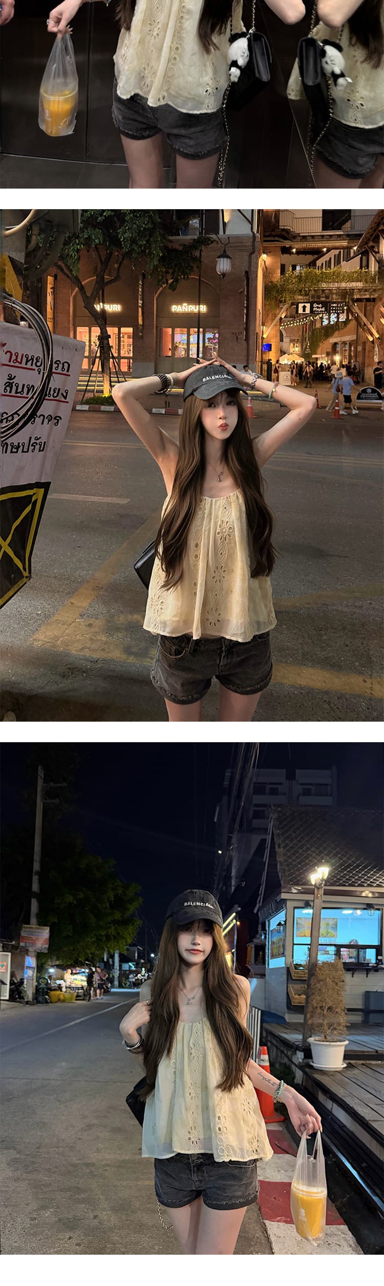 휴가 바람 홀로우 아웃 자수 비즈 캐미솔 여름 부드러운 살구 색상 민소매 오프숄더 달콤한 매운맛 바람 작은 맨위 상세 이미지 9