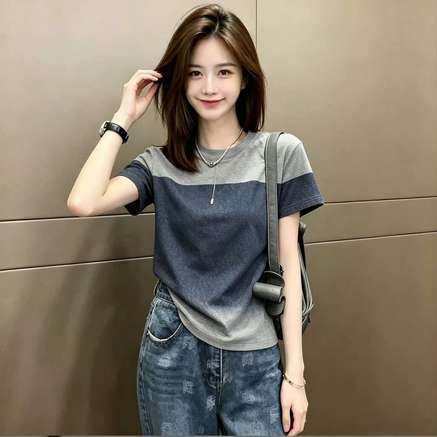 빅 사이즈 패션 배색 그라데이션 반팔 티셔츠 여성 여름 지방 mm 외국 가스 루즈핏 슬림해 보이는 디자인 센스 반소매 맨위 상세 이미지 2