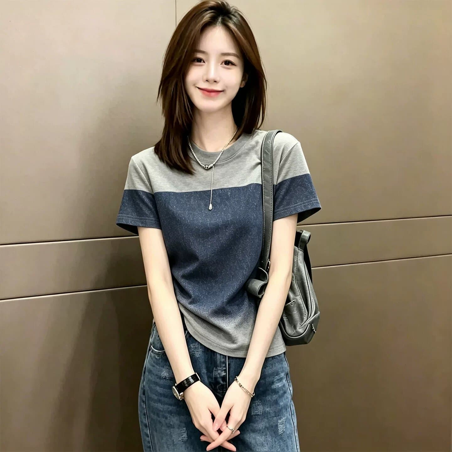 빅 사이즈 패션 배색 그라데이션 반팔 티셔츠 여성 여름 지방 mm 외국 가스 루즈핏 슬림해 보이는 디자인 센스 반소매 맨위 상세 이미지 6