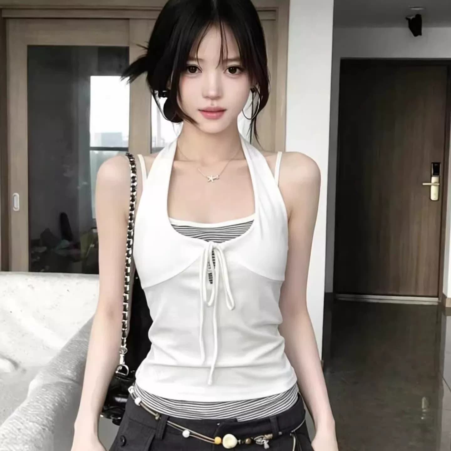 40 순면 인사이드 가져 가라. 행침 목 맨위 여성 여름 페이크 레이어드 스트라이프 조끼 핫걸 아름다움 뒤로 외출용 슬립 이미지 5
