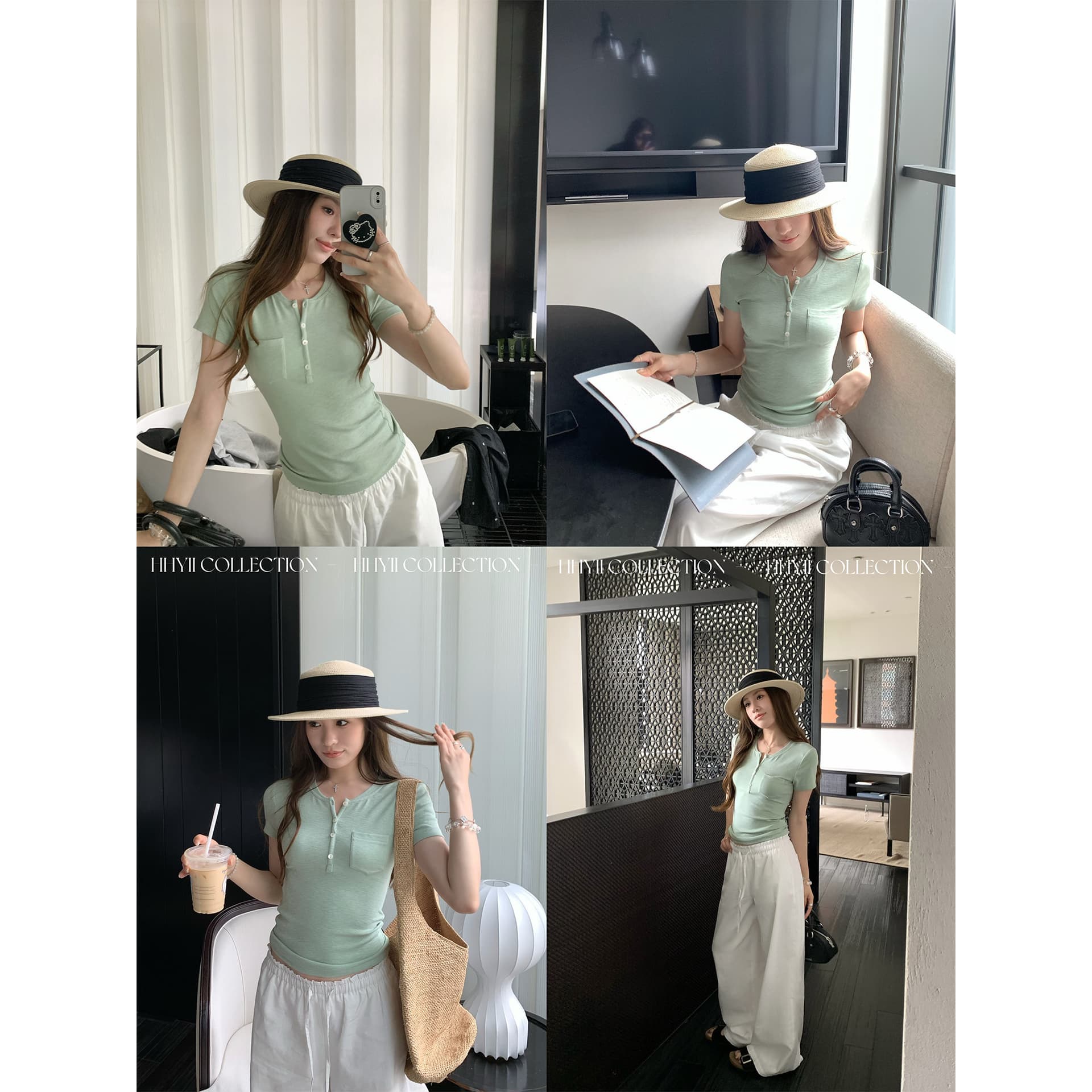 자몽 제나라 인력 한 조각 화이트 헨리 칼라 반팔 티셔츠 여성 한 부서 다용도 여름 몸매 가꾸기 쇼트 스타일 맨위 이미지 3