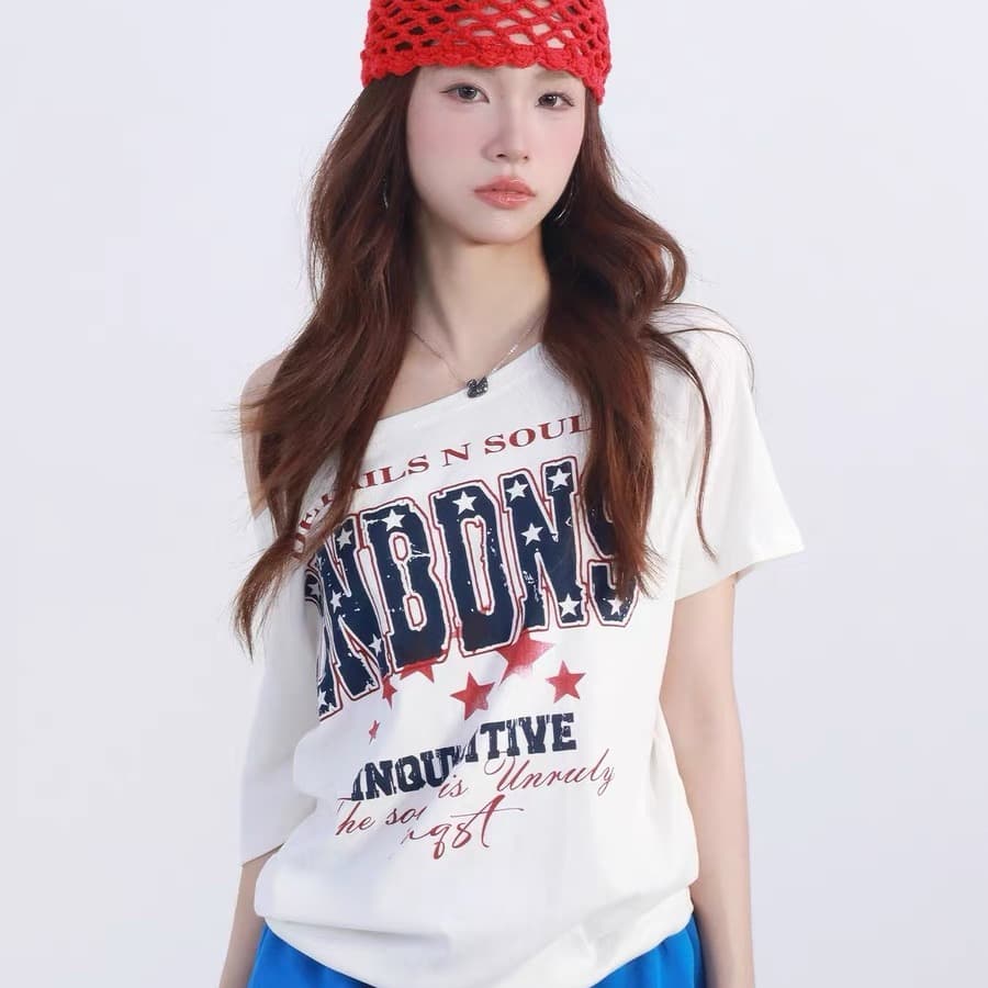 220 그램 92 면 8 암모니아 Lun 아메리칸 핫걸 비스듬한 어깨 알파벳 프린트 반팔 티셔츠 여성