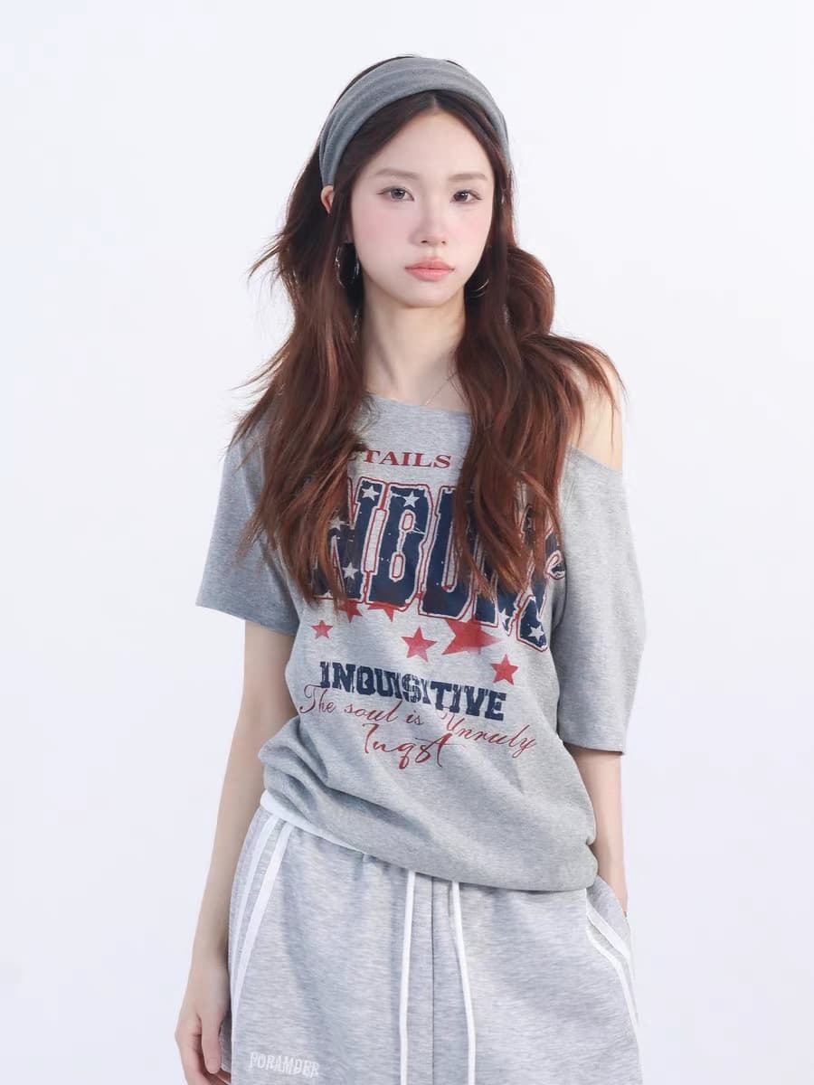 220 그램 92 면 8 암모니아 Lun 아메리칸 핫걸 비스듬한 어깨 알파벳 프린트 반팔 티셔츠 여성 이미지 3