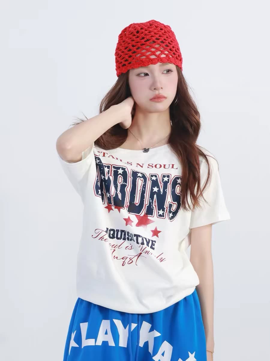 220 그램 92 면 8 암모니아 Lun 아메리칸 핫걸 비스듬한 어깨 알파벳 프린트 반팔 티셔츠 여성 상세 이미지 2