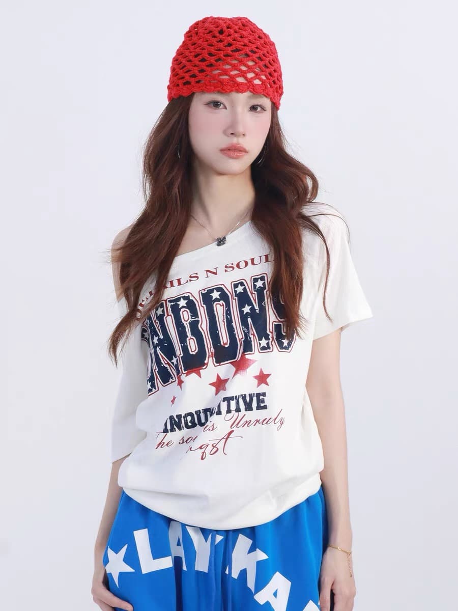 220 그램 92 면 8 암모니아 Lun 아메리칸 핫걸 비스듬한 어깨 알파벳 프린트 반팔 티셔츠 여성 상세 이미지 3