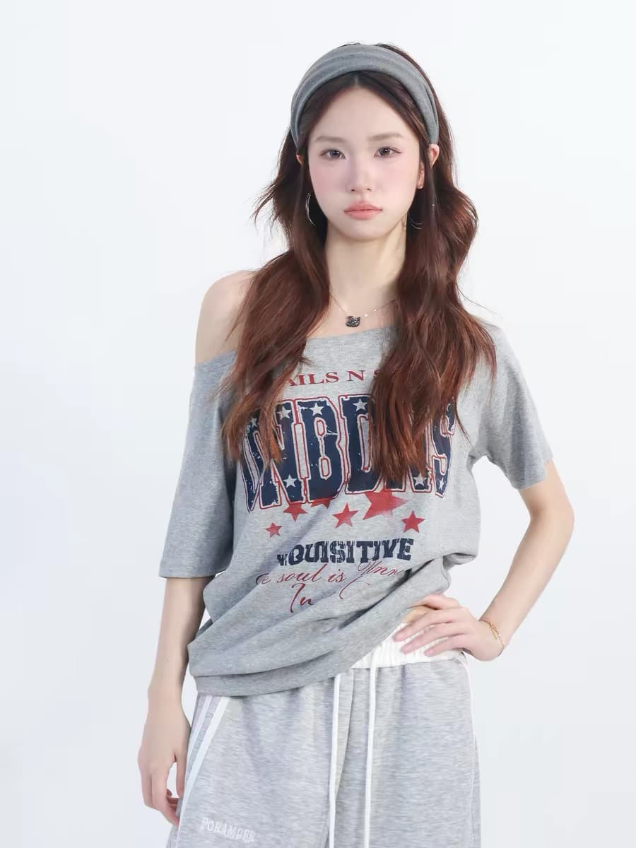 220 그램 92 면 8 암모니아 Lun 아메리칸 핫걸 비스듬한 어깨 알파벳 프린트 반팔 티셔츠 여성 상세 이미지 4