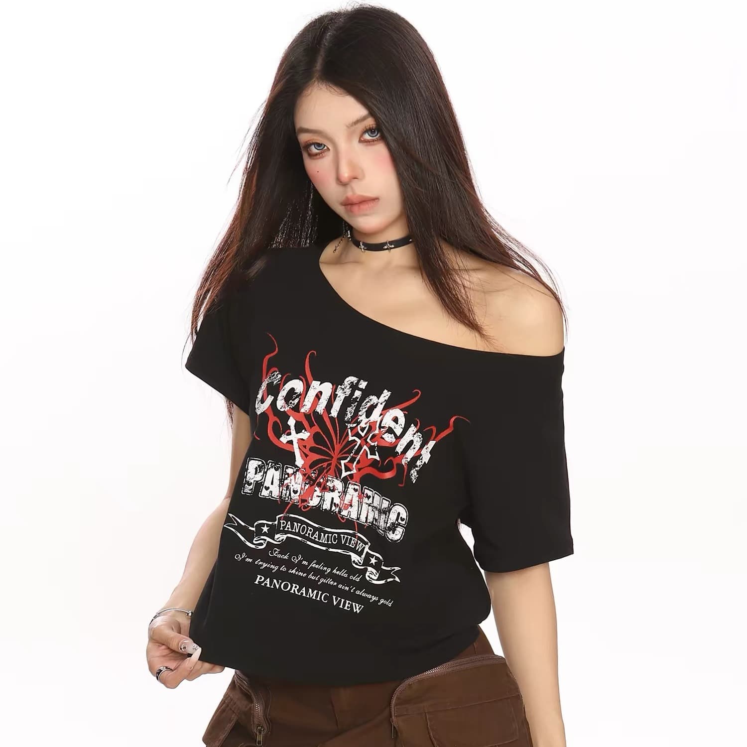 220 그램 92 면 8 암모니아 Lun 아메리칸 핫걸 비스듬한 어깨 알파벳 프린트 반팔 티셔츠 여성
