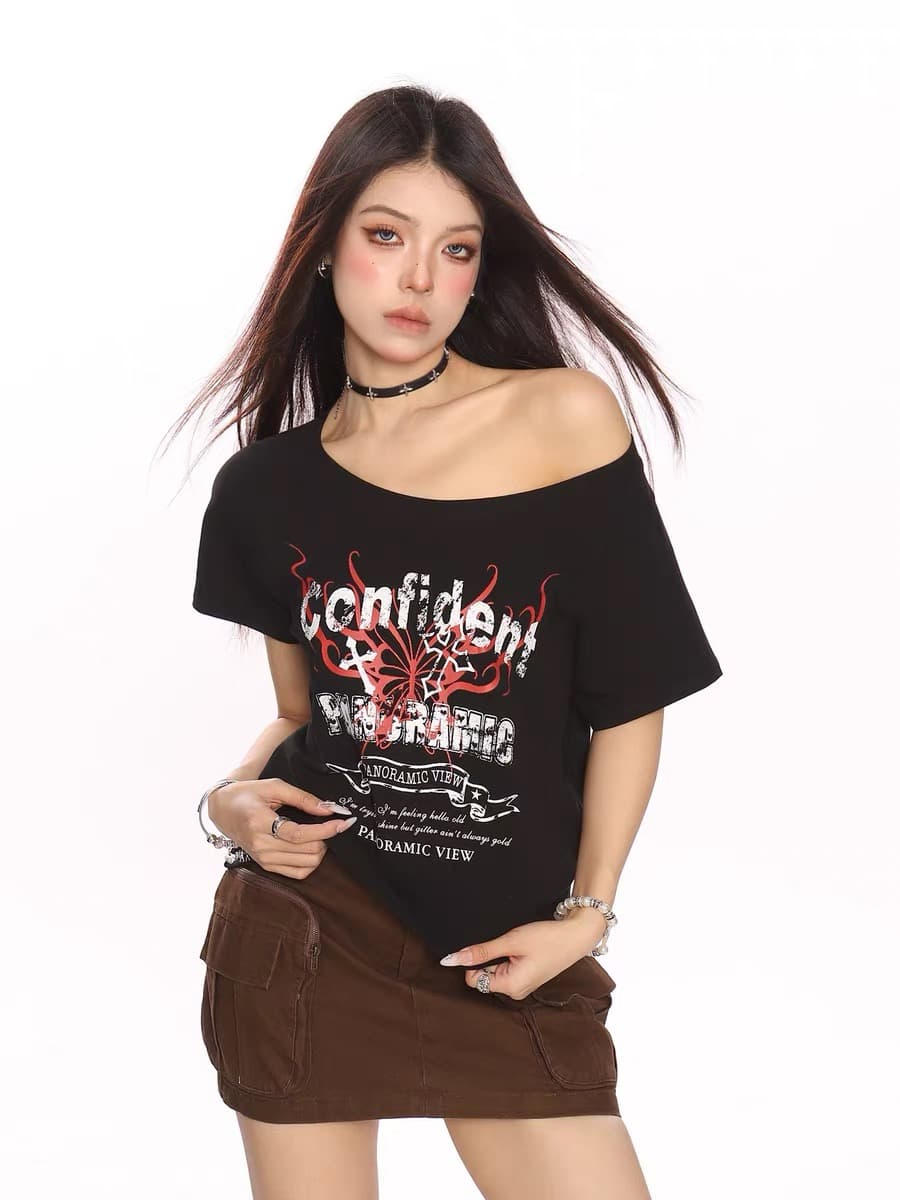 220 그램 92 면 8 암모니아 Lun 아메리칸 핫걸 비스듬한 어깨 알파벳 프린트 반팔 티셔츠 여성 이미지 2