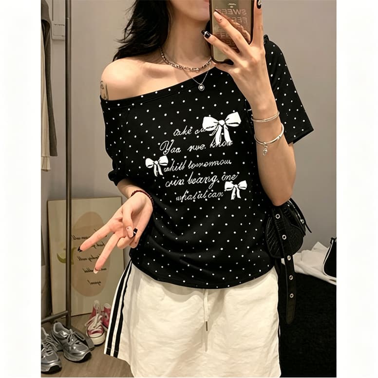 220 그램 40 순면 오스트리아 세대 서울 도트 무늬 비스듬한 어깨 반팔 티셔츠 여성 이미지 3