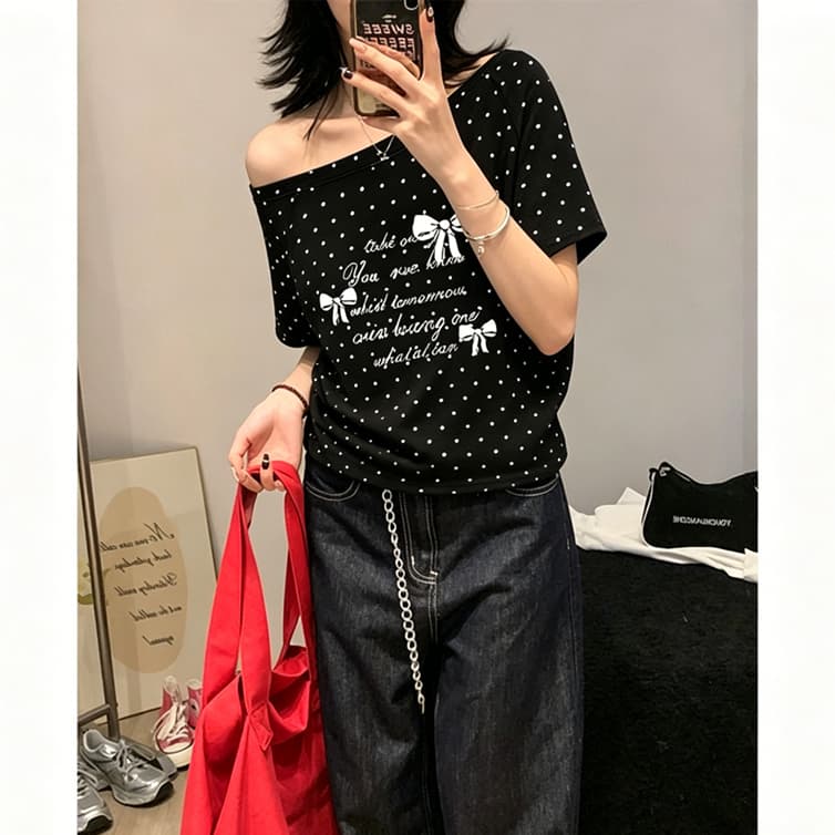 220 그램 40 순면 오스트리아 세대 서울 도트 무늬 비스듬한 어깨 반팔 티셔츠 여성 상세 이미지 5