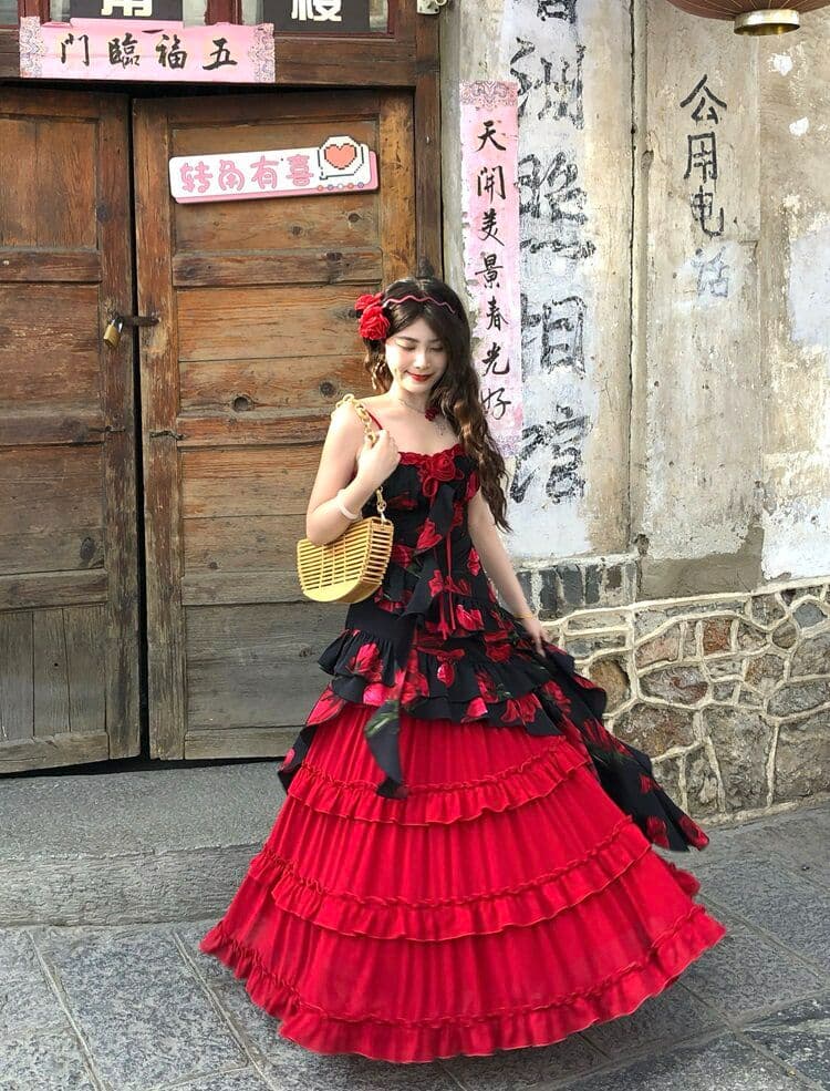 그린 필드 장미 섬 유화 바람 층 스택 아니요 백리스 에디션 슬립 드레스 여름 유화 바람 꽃무늬 휴가 치마 상세 이미지 26