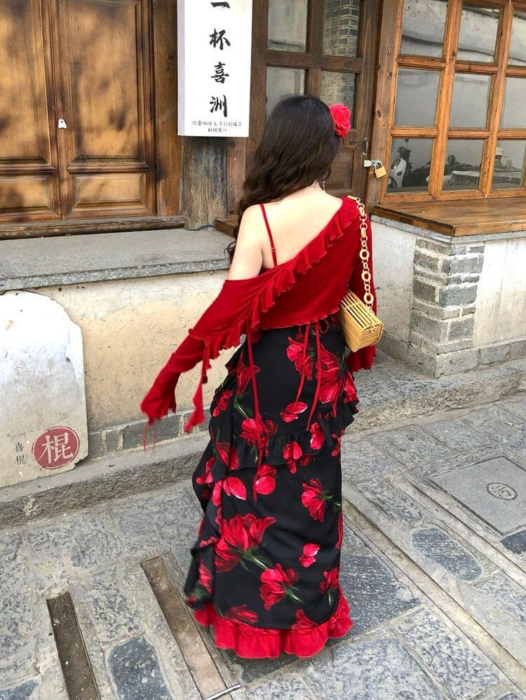 그린 필드 장미 섬 유화 바람 층 스택 아니요 백리스 에디션 슬립 드레스 여름 유화 바람 꽃무늬 휴가 치마 상세 이미지 46
