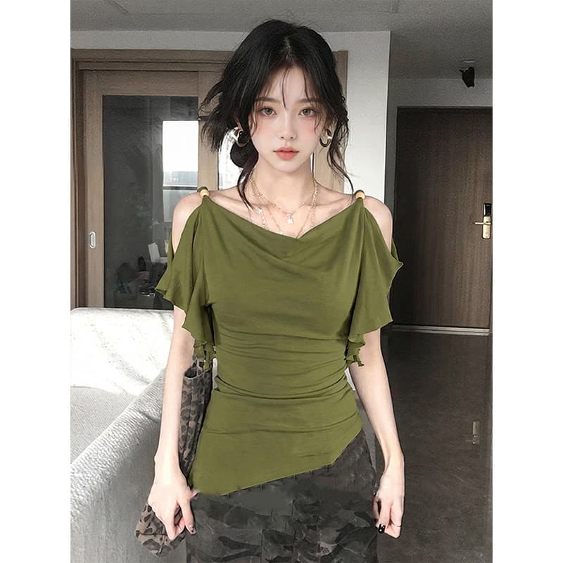 도파민 녹색 흔들다 칼라 프릴 오프숄더 티셔츠 여성 여름 착용 가져 가라. 품격 핫걸 바람 허리 수축 슬림해 보이는 맨위