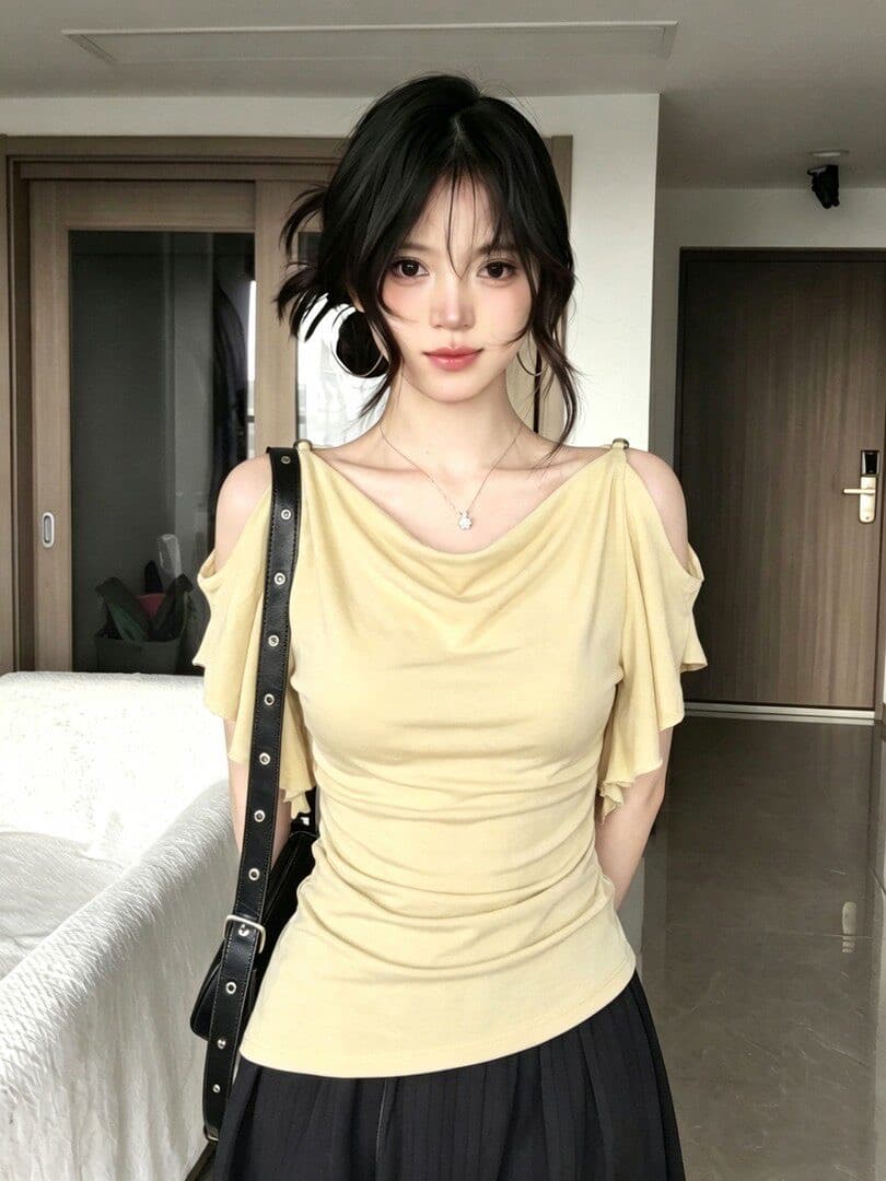 도파민 녹색 흔들다 칼라 프릴 오프숄더 티셔츠 여성 여름 착용 가져 가라. 품격 핫걸 바람 허리 수축 슬림해 보이는 맨위 이미지 3