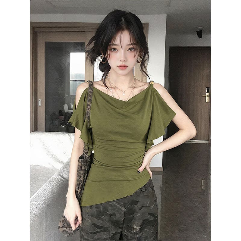 도파민 녹색 흔들다 칼라 프릴 오프숄더 티셔츠 여성 여름 착용 가져 가라. 품격 핫걸 바람 허리 수축 슬림해 보이는 맨위 이미지 5