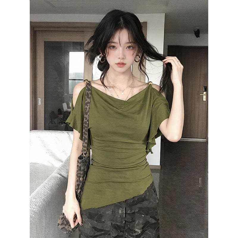 도파민 녹색 흔들다 칼라 프릴 오프숄더 티셔츠 여성 여름 착용 가져 가라. 품격 핫걸 바람 허리 수축 슬림해 보이는 맨위 상세 이미지 3