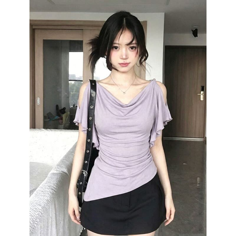 도파민 녹색 흔들다 칼라 프릴 오프숄더 티셔츠 여성 여름 착용 가져 가라. 품격 핫걸 바람 허리 수축 슬림해 보이는 맨위 상세 이미지 10