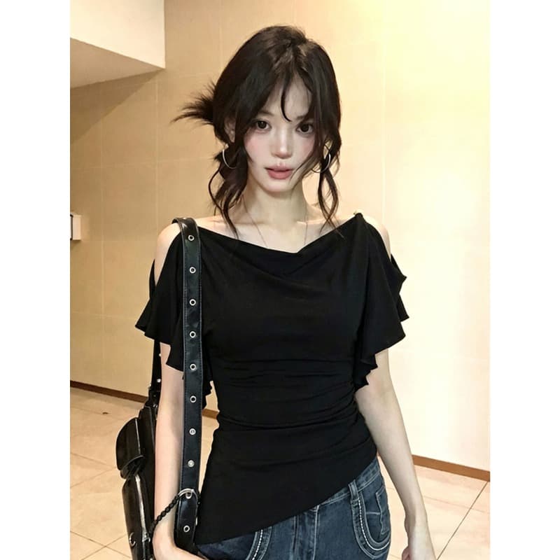 도파민 녹색 흔들다 칼라 프릴 오프숄더 티셔츠 여성 여름 착용 가져 가라. 품격 핫걸 바람 허리 수축 슬림해 보이는 맨위 상세 이미지 11