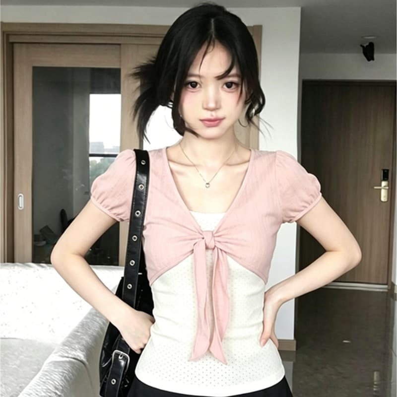 260 그램 1 1 인 면 페이크 레이어드 도트 무늬 V넥 반팔 여름 스트랩 비틀림 긍정적 인 어깨 디자인 맨위 이미지 5