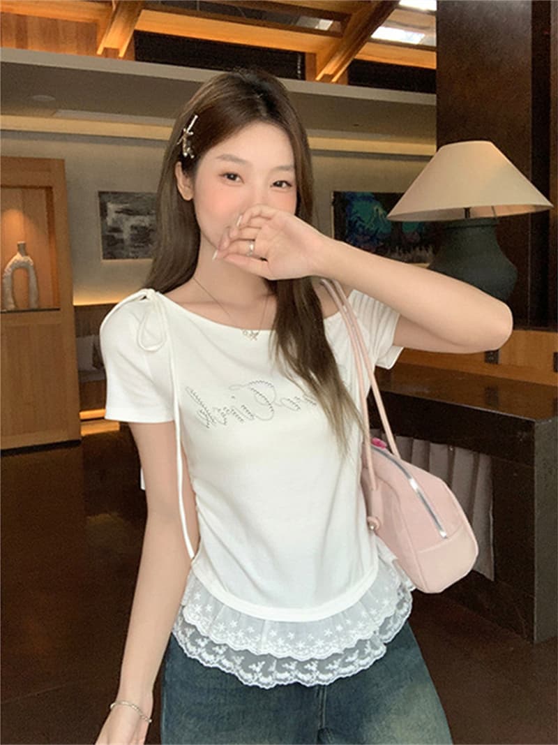 260 그램 1 1 인 면 보트넥 레이스 반팔 티셔츠 여름 발레 바람 비스듬한 어깨 몸매 가꾸기 맨위 상세 이미지 6