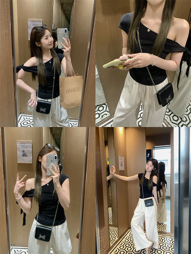 260 그램 1 1 인 면 비스듬한 어깨 오프숄더 2 착용 나비 매듭 스트랩 슬림해 보이는 꼬집기 허리 반팔 티셔츠 상세 이미지 5