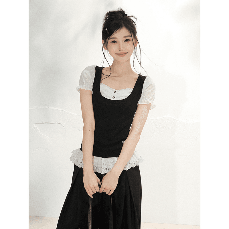 40 순면 한 부서 검정색 레이스 조각 페이크 레이어드 반팔 티셔츠 여성 여름 거품 소매 작은 대중 맨위 상세 이미지 2