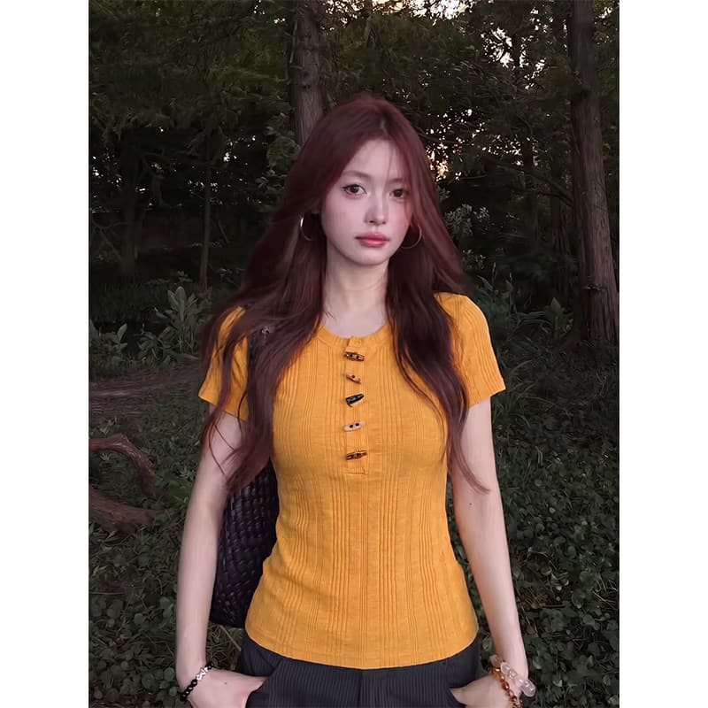 faucikor 도파민 바람 소뿔 버클 반팔 티셔츠 여성 여름 새로운 몸매 가꾸기 슬림해 보이는 디자인 센스 맨위 트렌디 상세 이미지 3