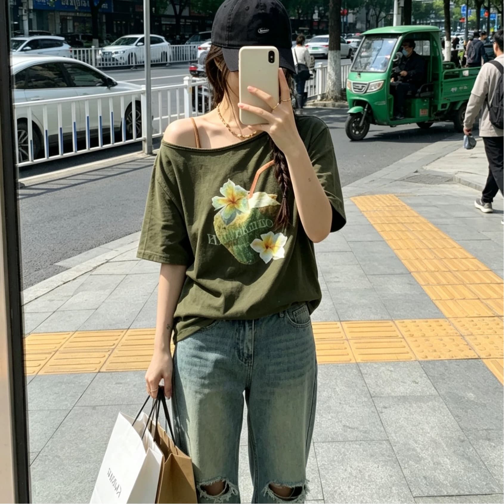 눈꽃 얼음 차가운 면 코코넛 프린트 비스듬한 칼라 반팔 티셔츠 여성 새로운 여름 섬 휴일 캐주얼 다용도 맨위 이미지 5