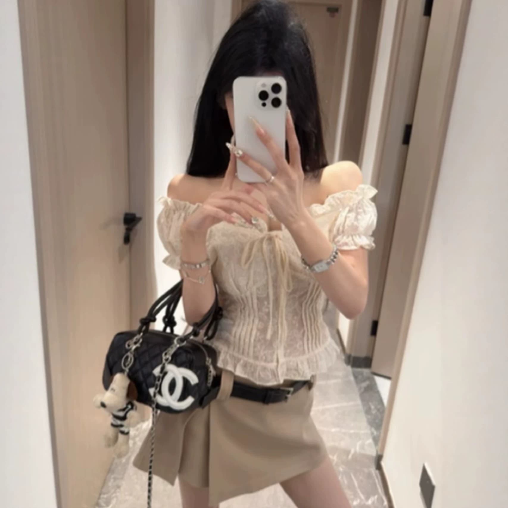 한 스타일 순수한 욕망 바람 오프숄더 거품 소매 레이스 셔츠 여성 여름 몸매 가꾸기 슬림해 보이는 섹시함 달콤함 스트랩 자수 맨위 이미지 3
