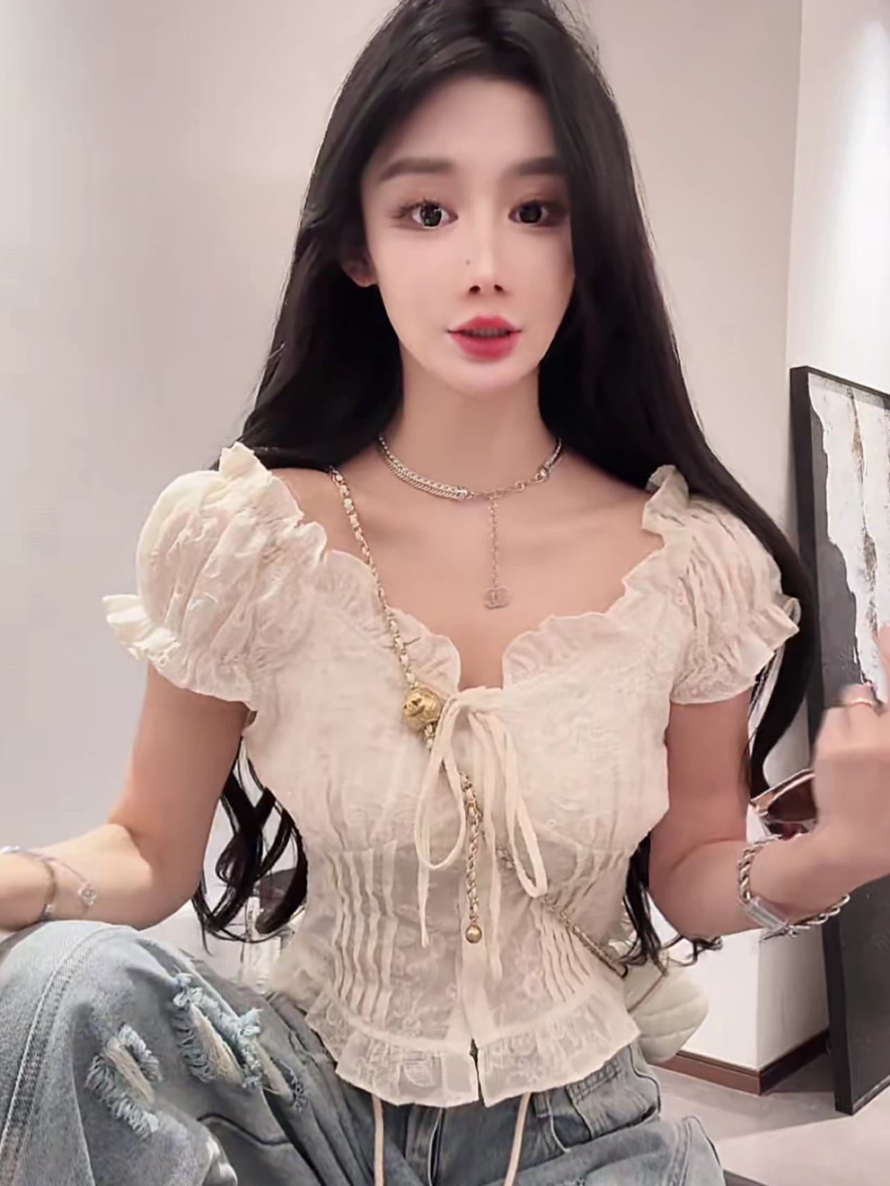 한 스타일 순수한 욕망 바람 오프숄더 거품 소매 레이스 셔츠 여성 여름 몸매 가꾸기 슬림해 보이는 섹시함 달콤함 스트랩 자수 맨위 상세 이미지 6