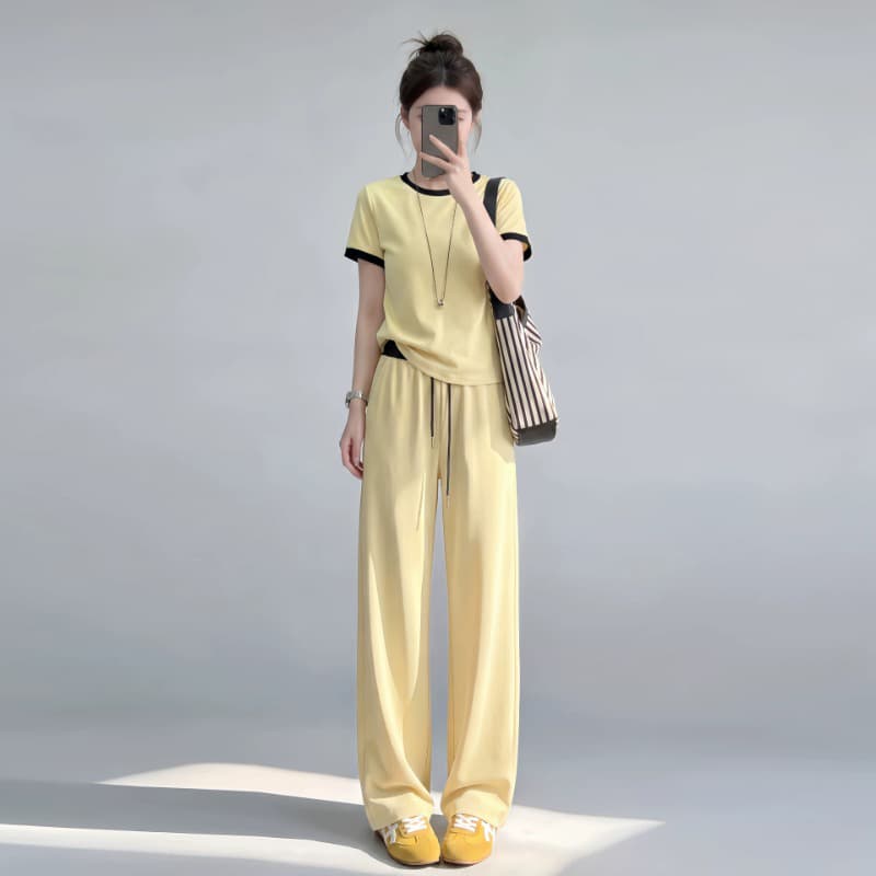 슈퍼 화재 착용 가져 가라. 전체 집합 루즈핏 캐주얼 운동 패치워크 색상 반팔 와이드 레그 팬츠 두 조각 여성 세트 외국 가스 이미지 2