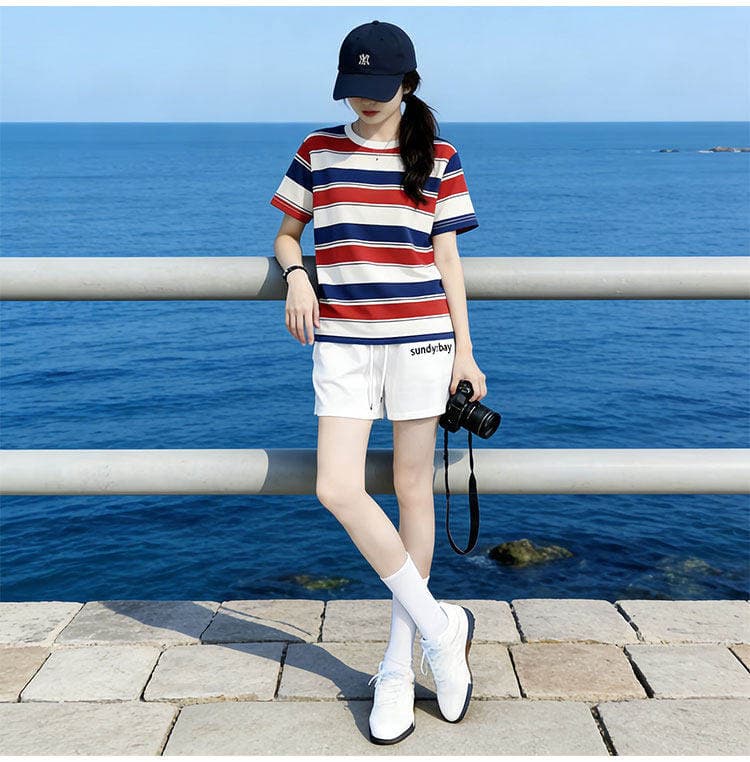 운동 캐주얼 세트 여성 배색 루즈핏 연령 감소 슬림해 보이는 스트라이프 반팔 반바지 투피스 세트 상세 이미지 10