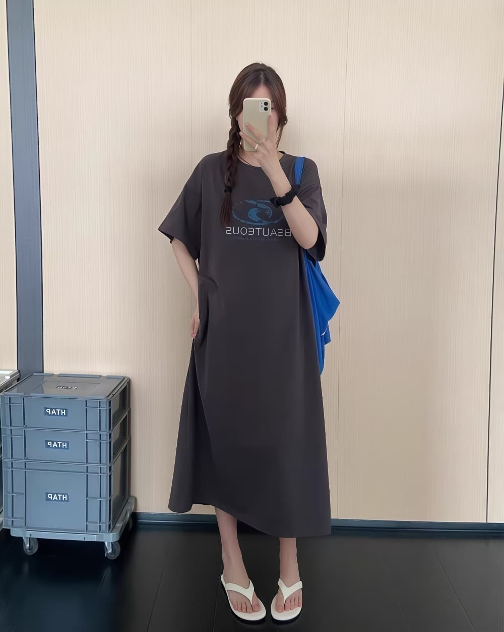 한국 스타일 루즈핏 빅 사이즈 항구 바람 드레스 유럽과 미국 디자인 센스 반팔 중간 길이 트임 티셔츠 치마 상세 이미지 5