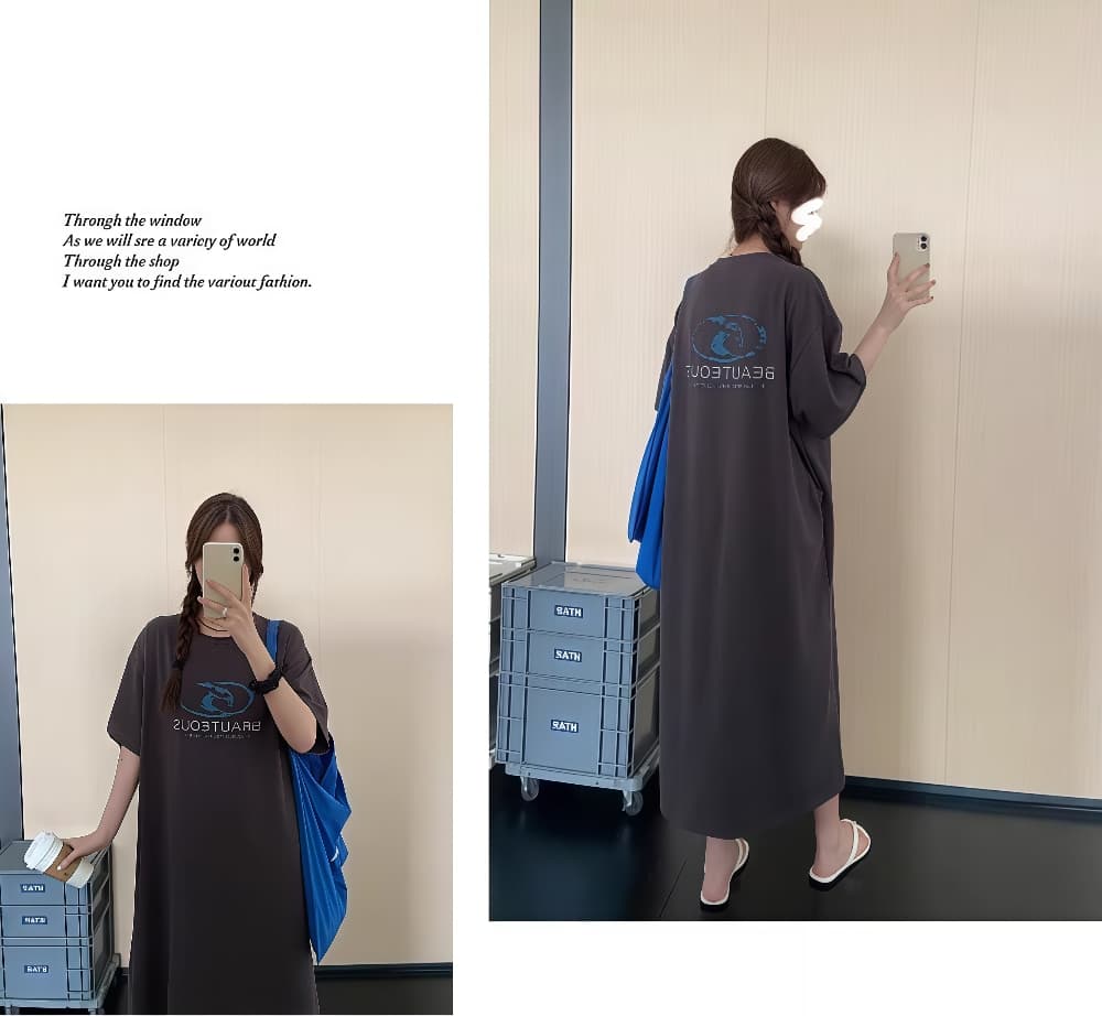 한국 스타일 루즈핏 빅 사이즈 항구 바람 드레스 유럽과 미국 디자인 센스 반팔 중간 길이 트임 티셔츠 치마 상세 이미지 9