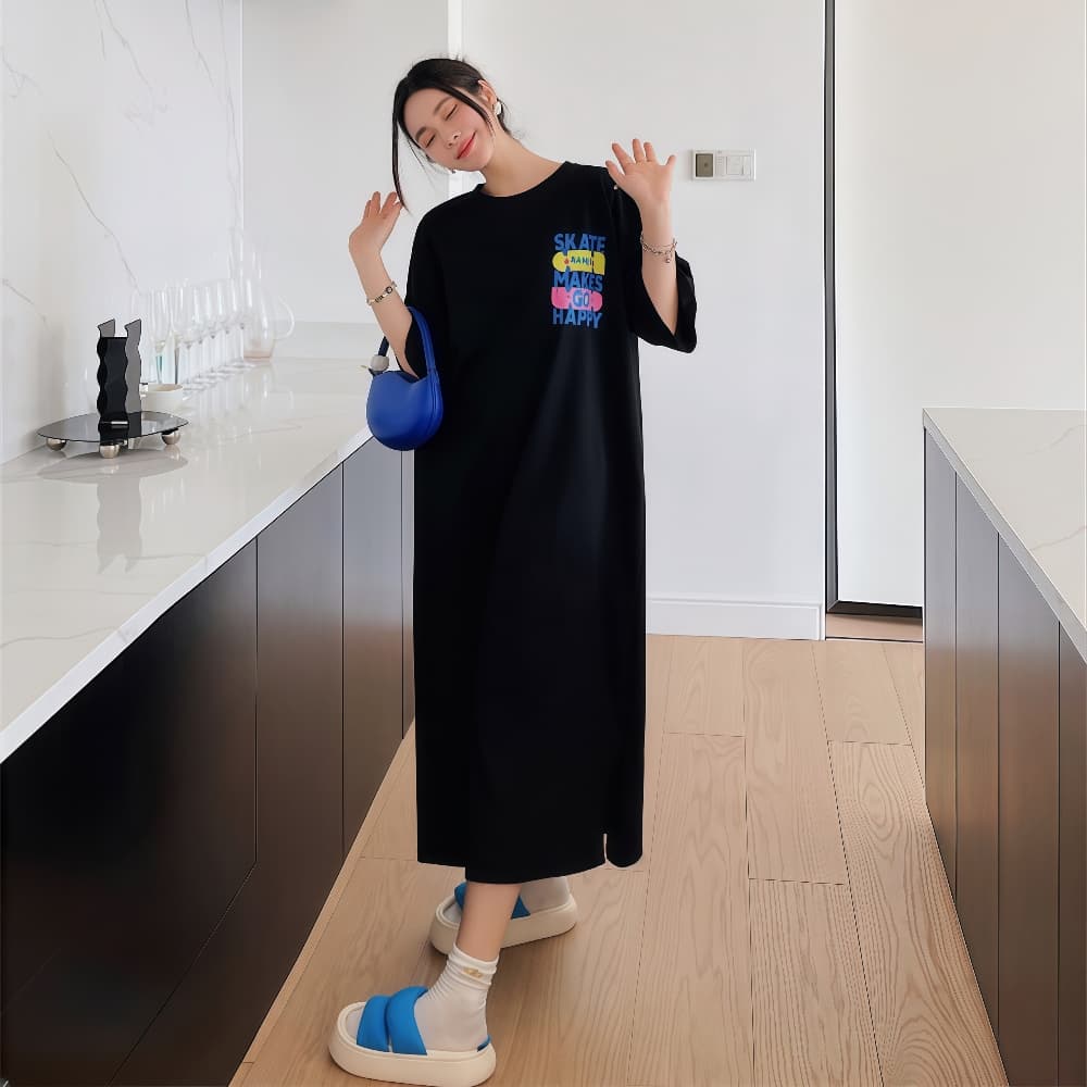 마이크로 지방 여성 의류 슬림해 보이는 연령 감소 표지 고기 빅 사이즈 드레스 여름 지방 mm 순면 루즈핏 스트레이트 롱 스커트 상세 이미지 16