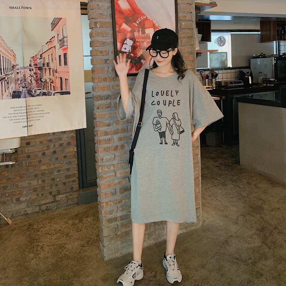 경관 그림 지방 mm 치마 여성용 짧은 소매 순면 여름 드레스 빅 사이즈 루즈핏 무릎 아래 캐주얼 길다 치마 무릎 아래 게으른 티셔츠 이미지 2